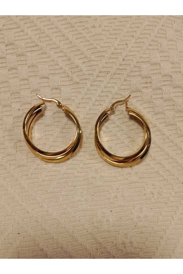 Çelik Gold-2 Li Birbirine Geçmeli Halka Tasarım Küpe