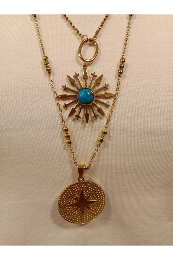 Çelik Gold Italyan Ezme Zincirli Firuze Taşlı 3'lü Kolye (çağla Şikel)