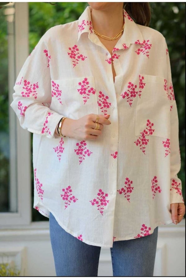 Cepli Pembe Çiçekli Oversize Gömlek