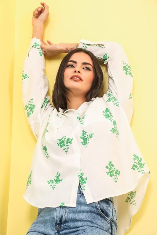 Cepli Yeşil Çiçekli Oversize Gömlek