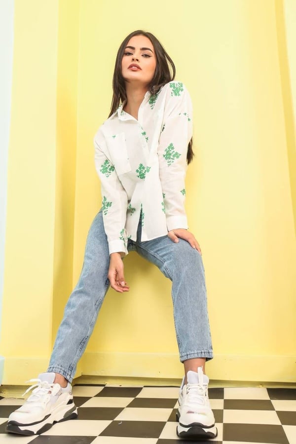 Cepli Yeşil Çiçekli Oversize Gömlek