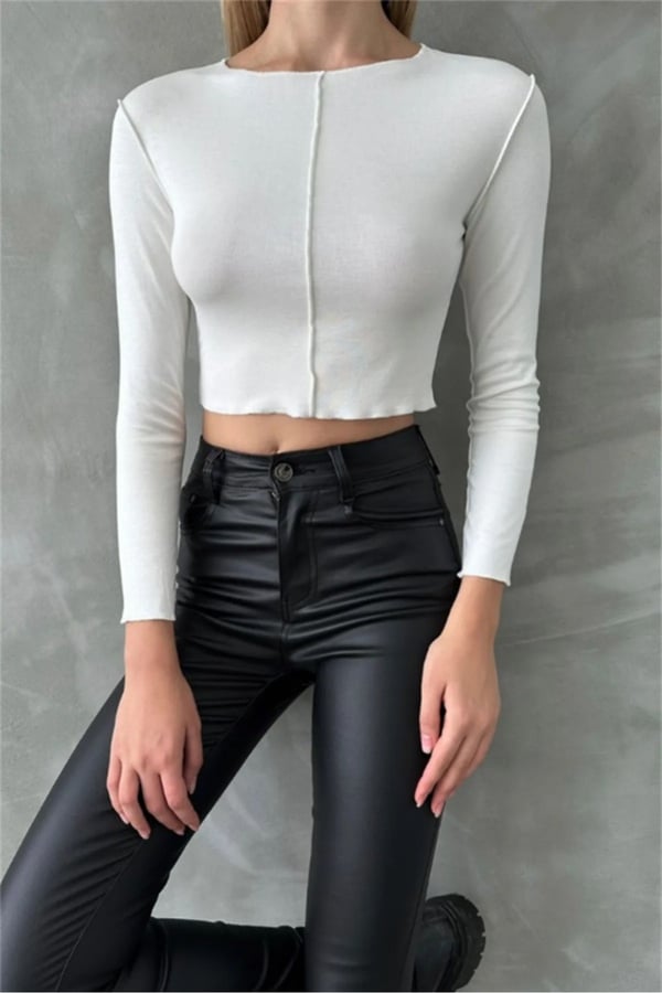 Dikişli ve Likralı Uzun Kol Ekru Crop