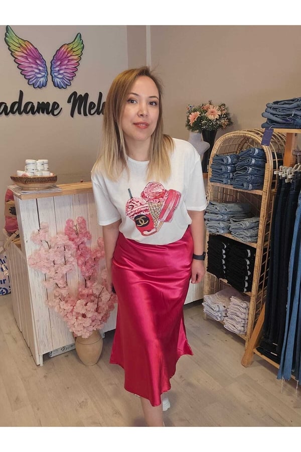 Dondurma Detaylı Taşlı Pembe Beyaz T-shirt/bluz