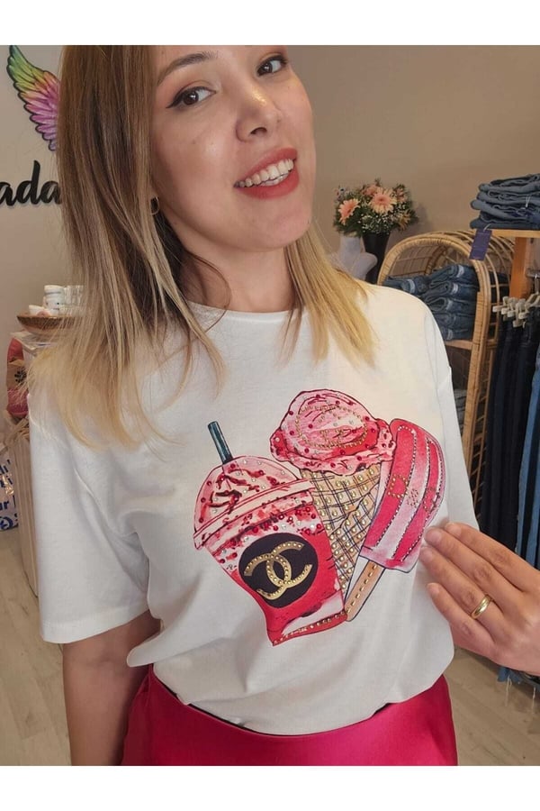 Dondurma Detaylı Taşlı Pembe Beyaz T-shirt/bluz