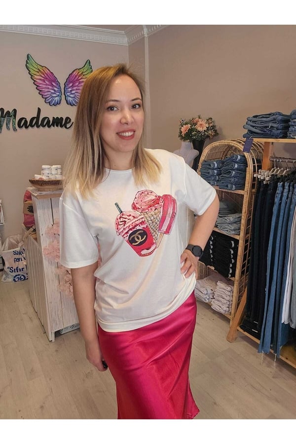 Dondurma Detaylı Taşlı Pembe Beyaz T-shirt/bluz