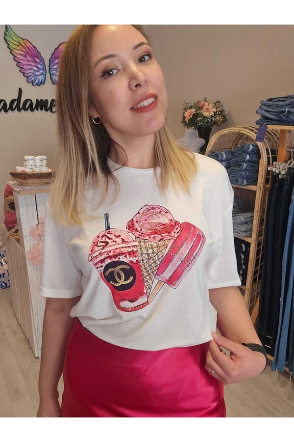 Dondurma Detaylı Taşlı Pembe Beyaz T-shirt/bluz