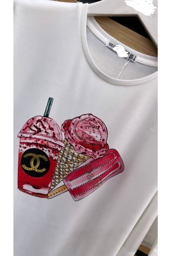 Dondurma Detaylı Taşlı Pembe Beyaz T-shirt/bluz