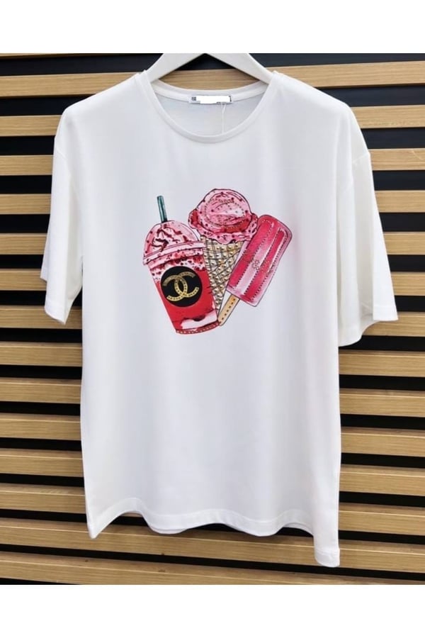 Dondurma Detaylı Taşlı Pembe Beyaz T-shirt/bluz