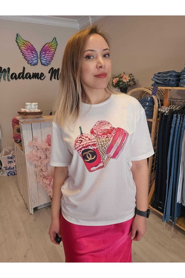 Dondurma Detaylı Taşlı Pembe Beyaz T-shirt/bluz