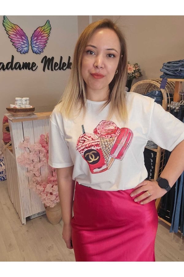 Dondurma Detaylı Taşlı Pembe Beyaz T-shirt/bluz