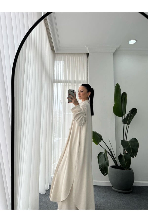 Düğmeli Kimono Takım - Ekru Standart Beden