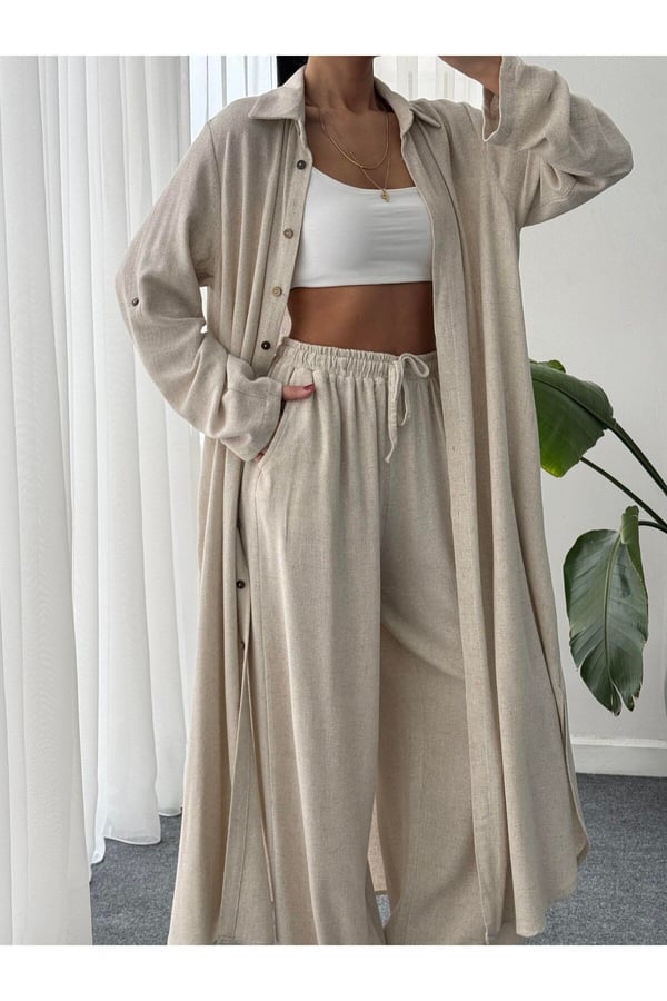 Düğmeli Kimono Takım - Ekru Standart Beden
