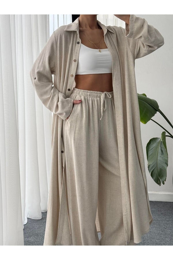 Düğmeli Kimono Takım - Ekru Standart Beden