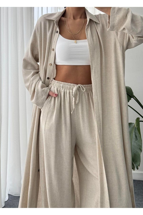 Düğmeli Kimono Takım - Ekru Standart Beden