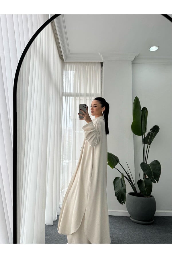 Düğmeli Kimono Takım - Ekru Standart Beden