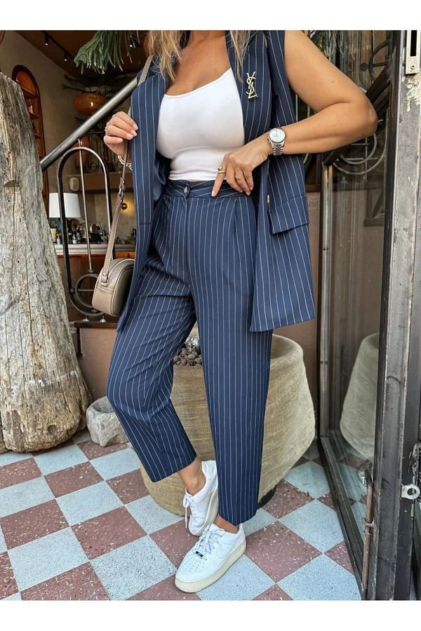 Ekru Renk Premium Boy Fit Kadın Pantolon Kolsuz Ceket Yelek Takımı Atlas Kumaş