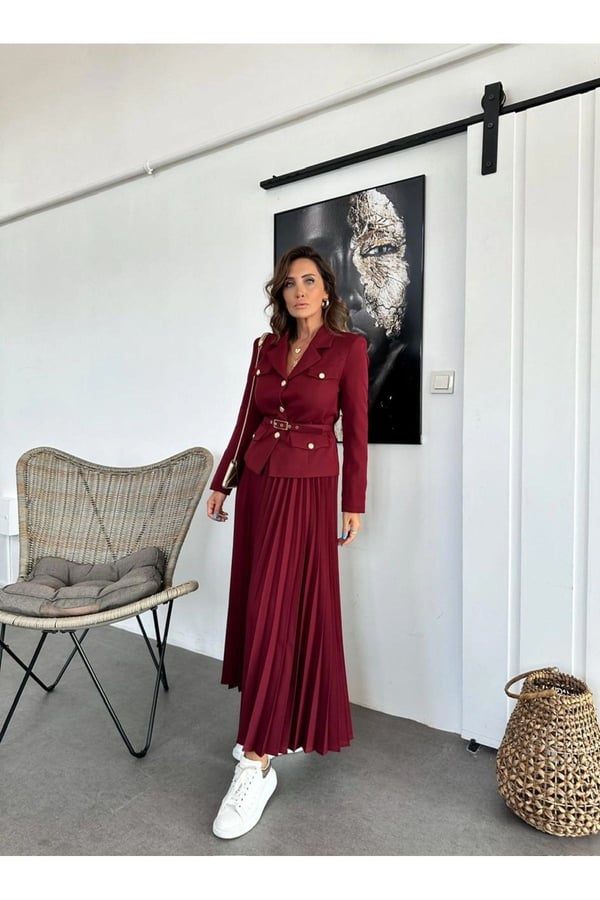 Elizabeth Gold Kemerli - Düğmeli Blazer Ceket Ve Piliseli Uzun Etek Takım