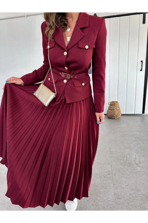 Elizabeth Gold Kemerli - Düğmeli Blazer Ceket Ve Piliseli Uzun Etek Takım