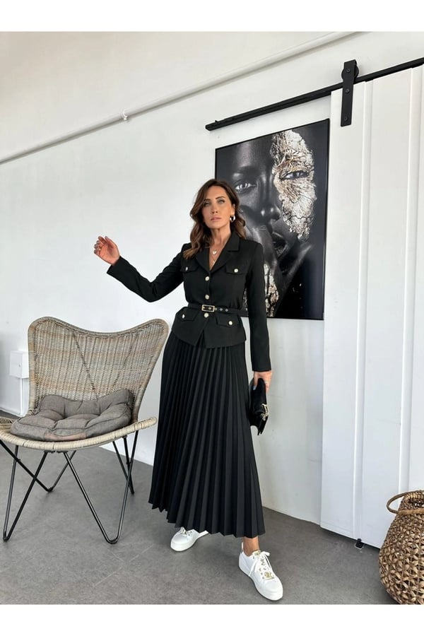 Elizabeth Gold Kemerli - Düğmeli Blazer Ceket Ve Piliseli Uzun Etek Takım
