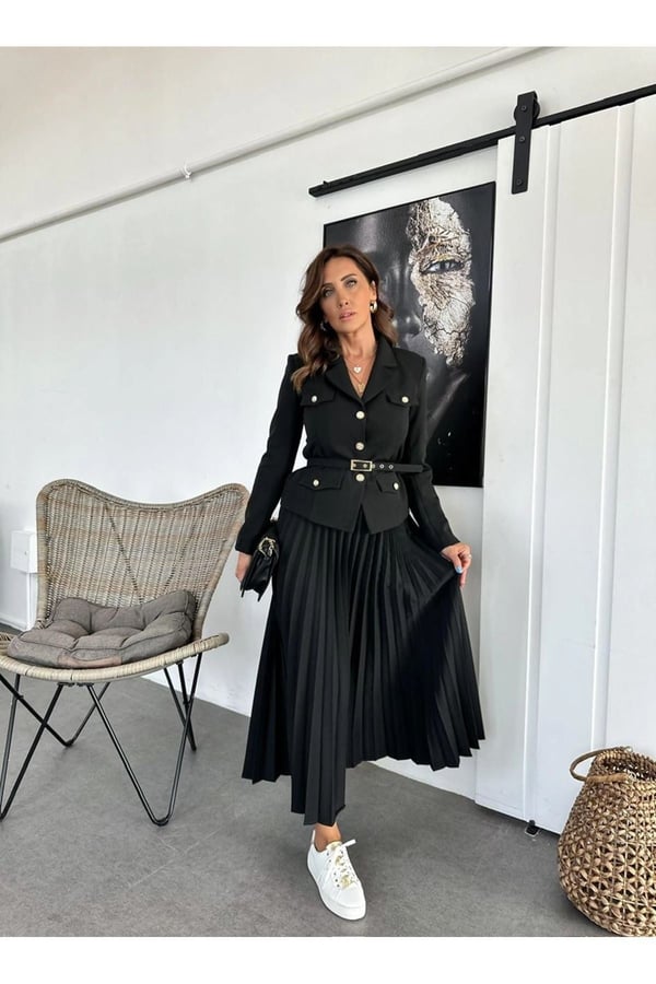 Elizabeth Gold Kemerli - Düğmeli Blazer Ceket Ve Piliseli Uzun Etek Takım