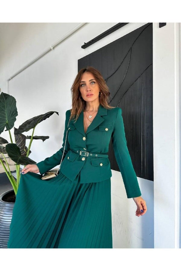 Elizabeth Gold Kemerli - Düğmeli Blazer Ceket Ve Piliseli Uzun Etek Takım