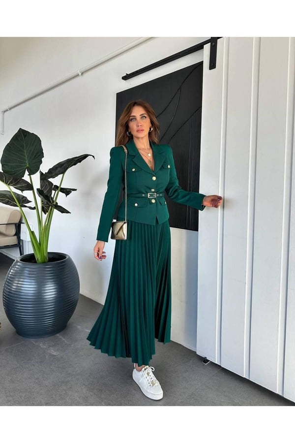 Elizabeth Gold Kemerli - Düğmeli Blazer Ceket Ve Piliseli Uzun Etek Takım