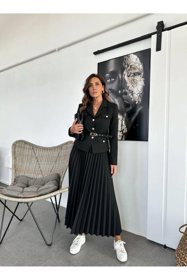 Elizabeth Gold Kemerli - Düğmeli Blazer Ceket Ve Piliseli Uzun Etek Takım