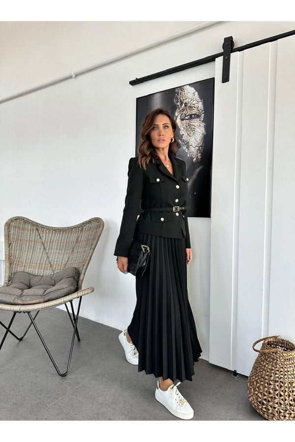 Elizabeth Gold Kemerli - Düğmeli Blazer Ceket Ve Piliseli Uzun Etek Takım