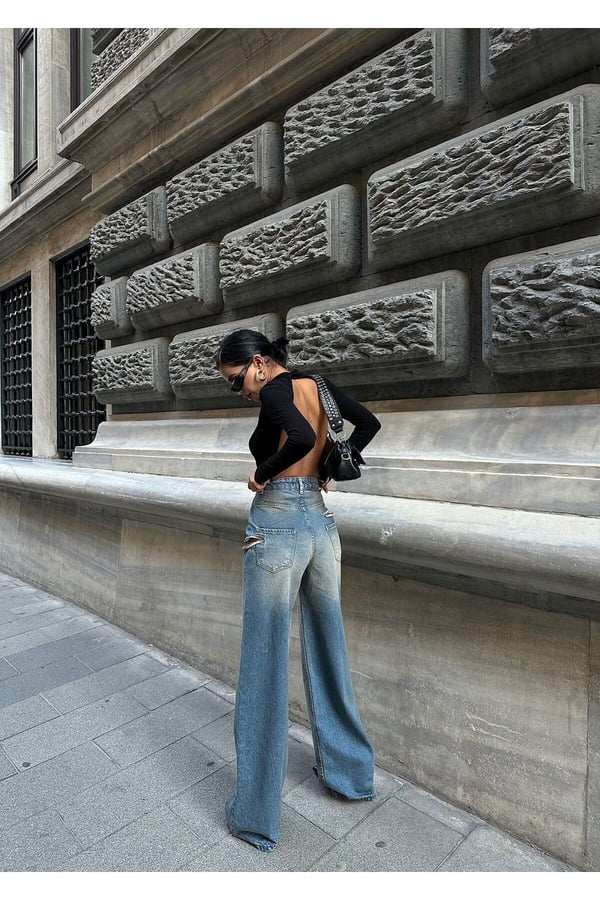 Fermuar Detaylı Palazzo Kot Pantolon Geniş Paça Kot Pantolon İspanyol Paça Dekolteli