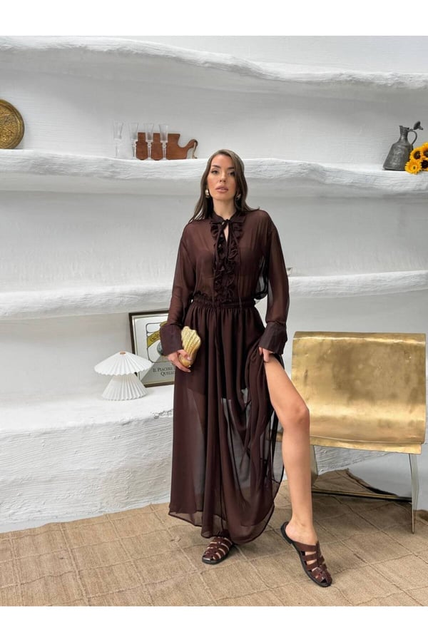 Fırfır Detaylı, Zarif Tasarımıyla Öne Çıkan Premium Şifon Bluz Ve Maxi Boy Etek Takım