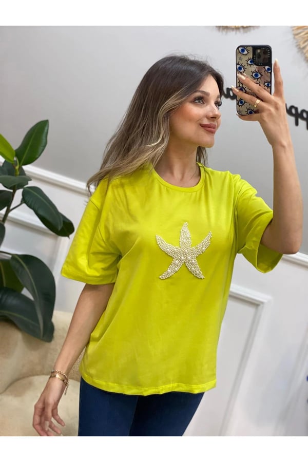 Fıstık Yeşil Deniz Yıldızı İnci Detaylı Basic Tshirt