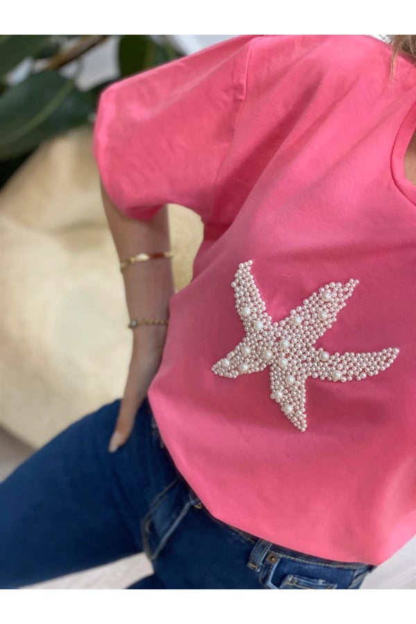 Fıstık Yeşil Deniz Yıldızı İnci Detaylı Basic Tshirt