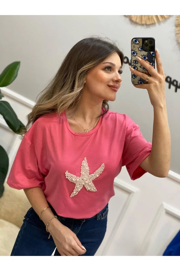 Fıstık Yeşil Deniz Yıldızı İnci Detaylı Basic Tshirt