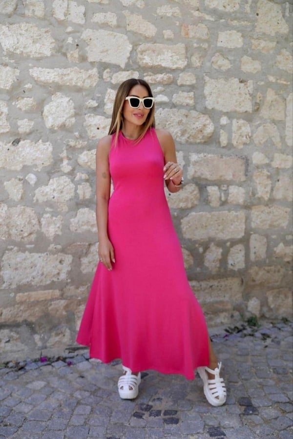 Fuşya Arkası Çapraz Yırtmaçlı Maxi Boy Elbise