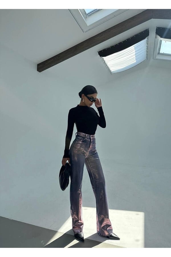 Fuşya Varaklı Palazzo Kot Pantolon Jeans