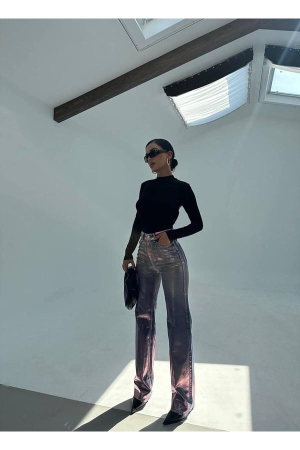 Fuşya Varaklı Palazzo Kot Pantolon Jeans