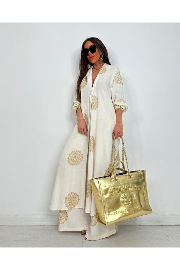 Glow Nakışlı Kimono Takın Uzun Maxi Boy Gömlek Pantolonlu Takım