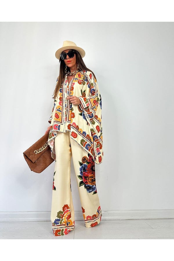 Glow Nakışlı Kimono Takın Uzun Maxi Boy Gömlek Pantolonlu Takım