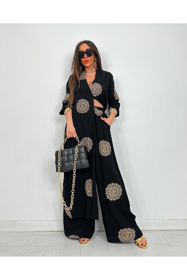 Glow Nakışlı Kimono Takın Uzun Maxi Boy Gömlek Pantolonlu Takım