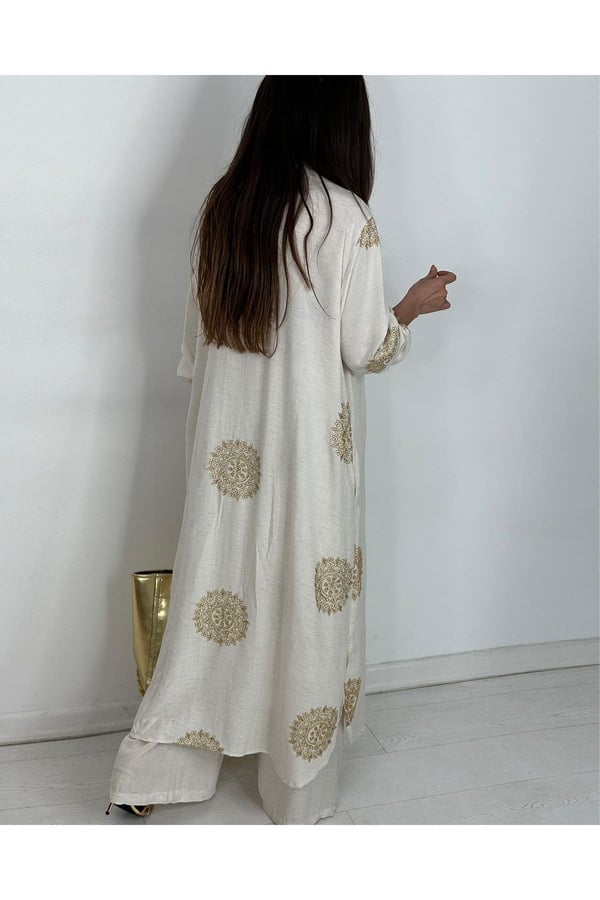 Glow Nakışlı Kimono Takın Uzun Maxi Boy Gömlek Pantolonlu Takım