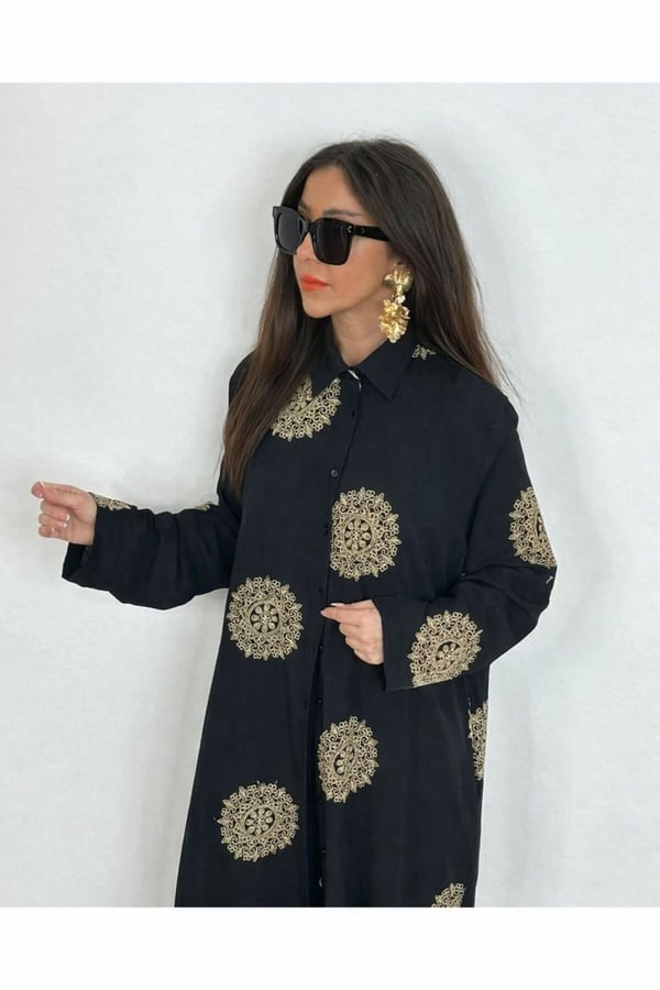 Glow Nakışlı Kimono Takın Uzun Maxi Boy Gömlek Pantolonlu Takım