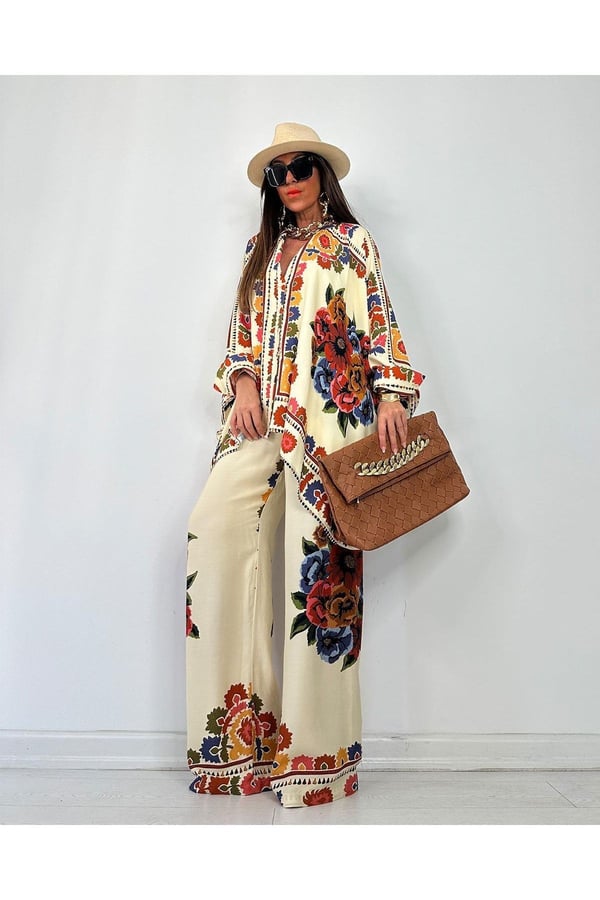 Glow Nakışlı Kimono Takın Uzun Maxi Boy Gömlek Pantolonlu Takım