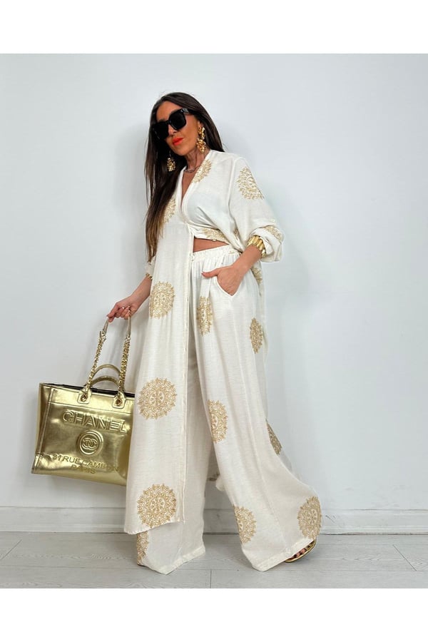 Glow Nakışlı Kimono Takın Uzun Maxi Boy Gömlek Pantolonlu Takım