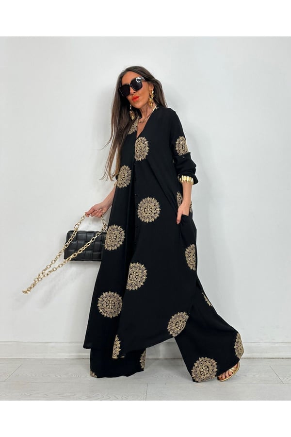 Glow Nakışlı Kimono Takın Uzun Maxi Boy Gömlek Pantolonlu Takım