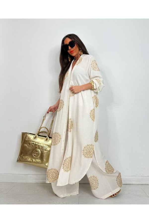 Glow Nakışlı Kimono Takın Uzun Maxi Boy Gömlek Pantolonlu Takım