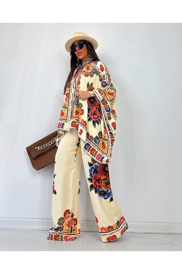 Glow Nakışlı Kimono Takın Uzun Maxi Boy Gömlek Pantolonlu Takım