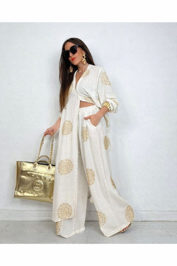 Glow Nakışlı Kimono Takın Uzun Maxi Boy Gömlek Pantolonlu Takım