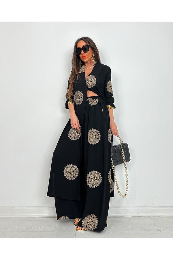 Glow Nakışlı Kimono Takın Uzun Maxi Boy Gömlek Pantolonlu Takım