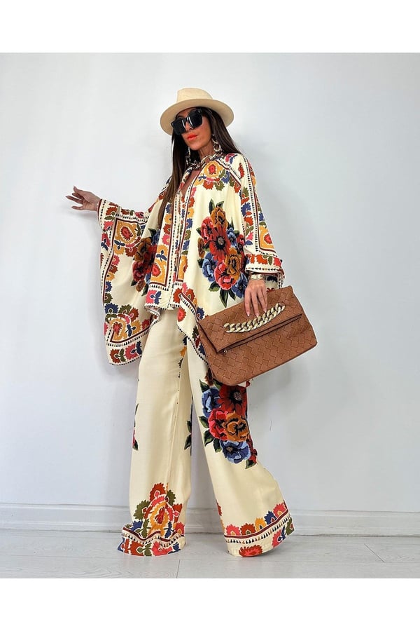 Glow Nakışlı Kimono Takın Uzun Maxi Boy Gömlek Pantolonlu Takım