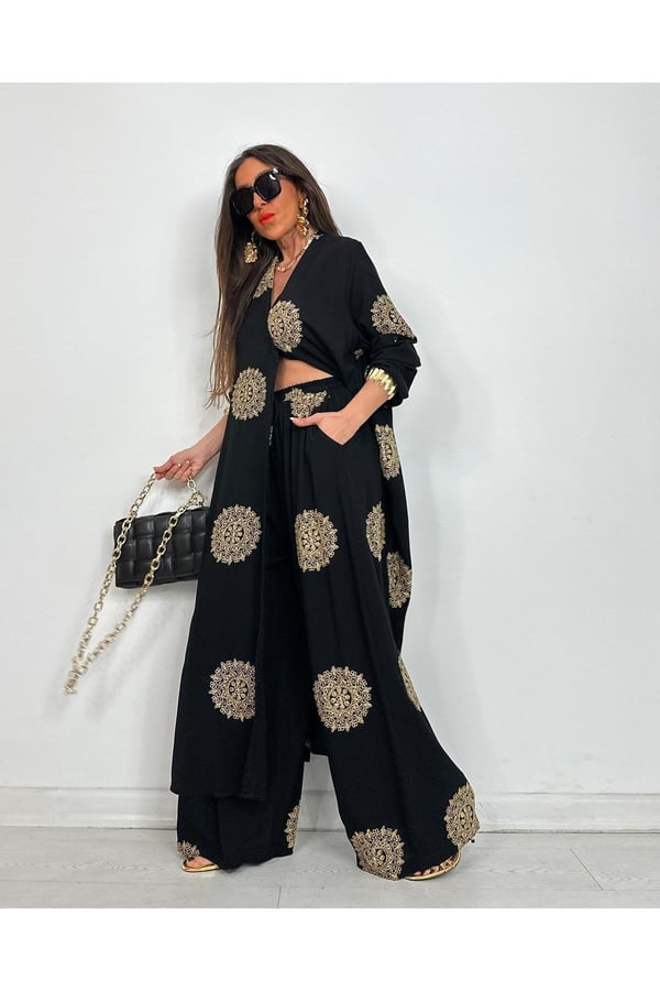 Glow Nakışlı Kimono Takın Uzun Maxi Boy Gömlek Pantolonlu Takım